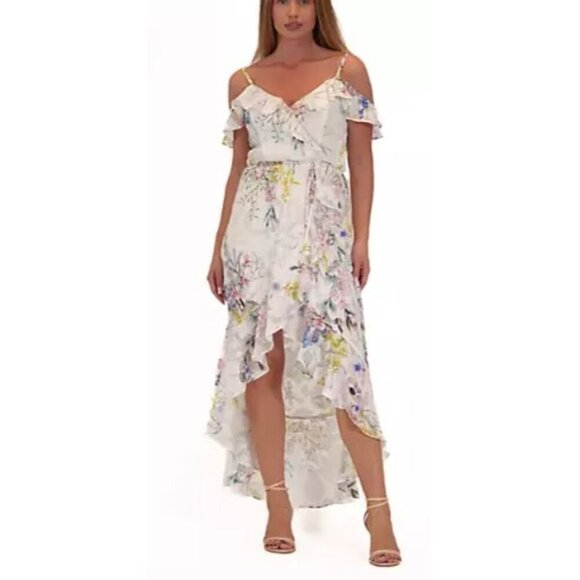 Julia Jordan NEW Floral Ivory Multicolor Hi Low Faux Wrap Maxi Dress Size 16 - Picture 1 of 16